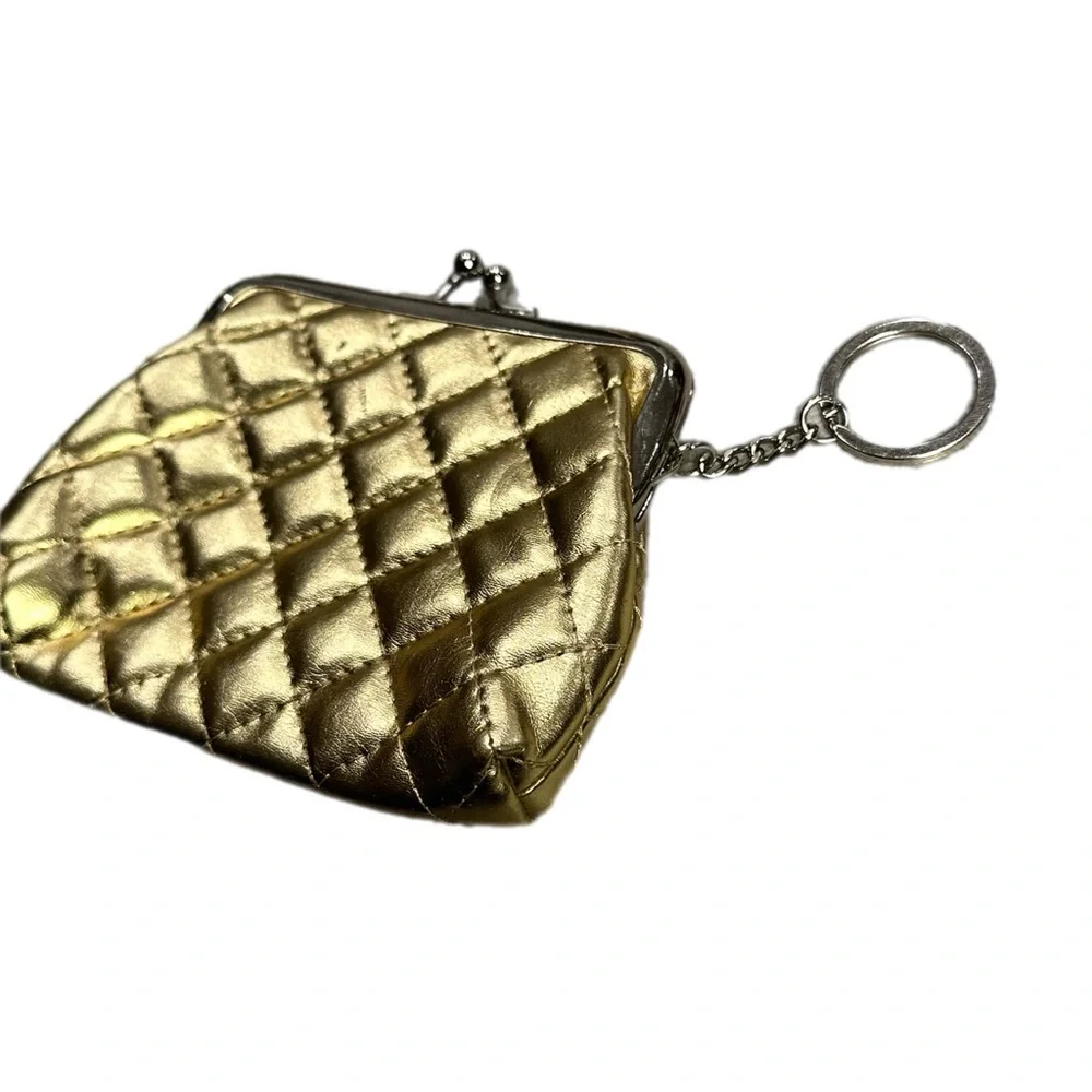 Vintage Quilted Gold Metallic Kiss-Lock Coin Purse Keychain